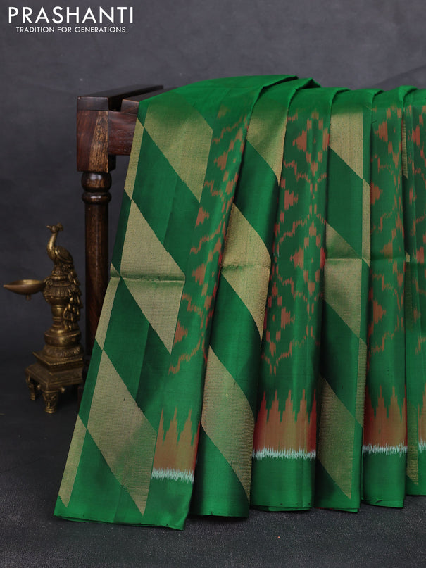 Ikat soft silk saree green and red with allover ikat weaves & zari woven buttas and simple border