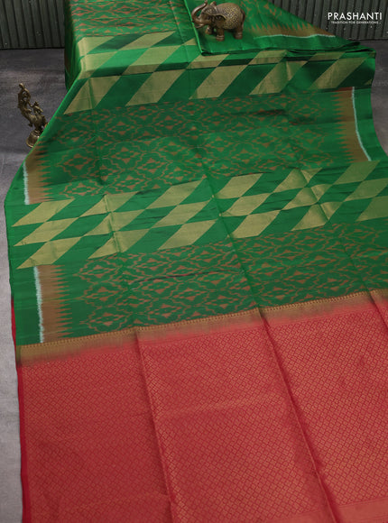 Ikat soft silk saree green and red with allover ikat weaves & zari woven buttas and simple border