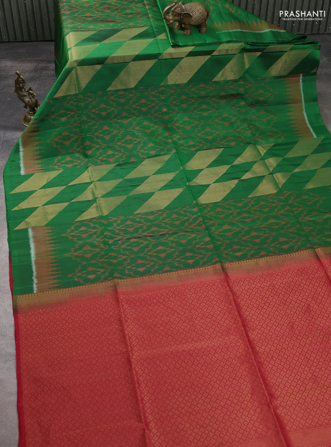 Ikat soft silk saree green and red with allover ikat weaves & zari woven buttas and simple border