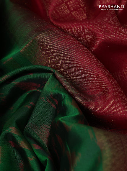 Ikat soft silk saree green and red with allover ikat weaves & zari woven buttas and simple border