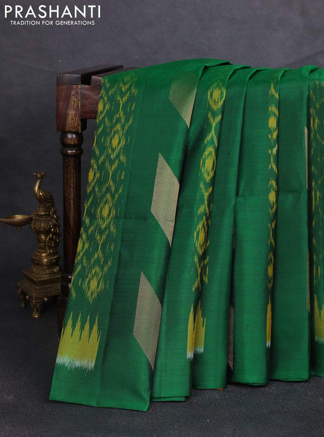 Ikat soft silk saree green and dark mustard with allover ikat weaves & zari woven buttas and simple border