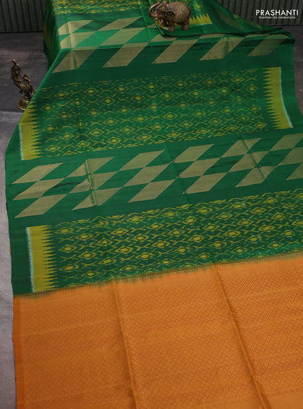 Ikat soft silk saree green and dark mustard with allover ikat weaves & zari woven buttas and simple border