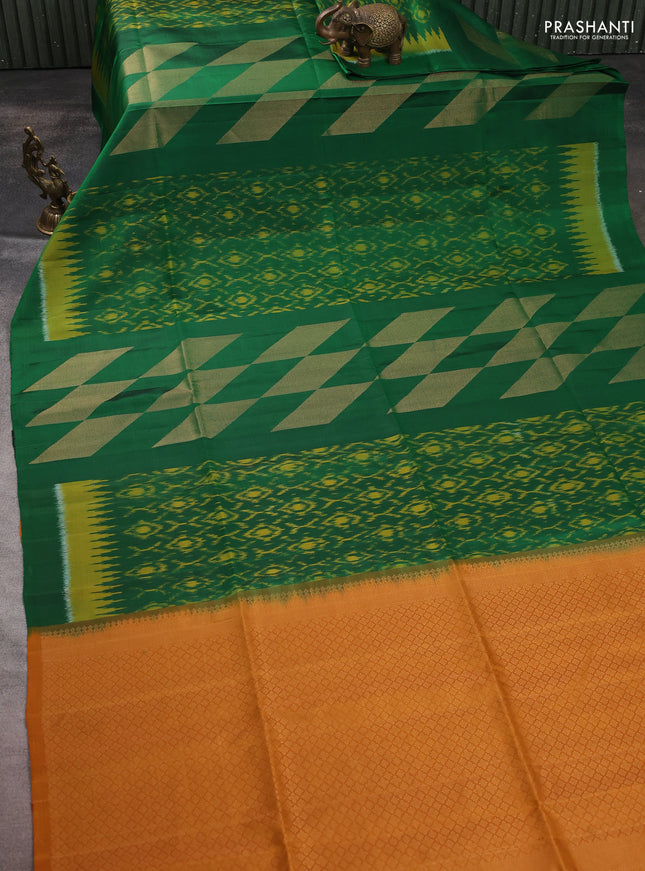 Ikat soft silk saree green and dark mustard with allover ikat weaves & zari woven buttas and simple border