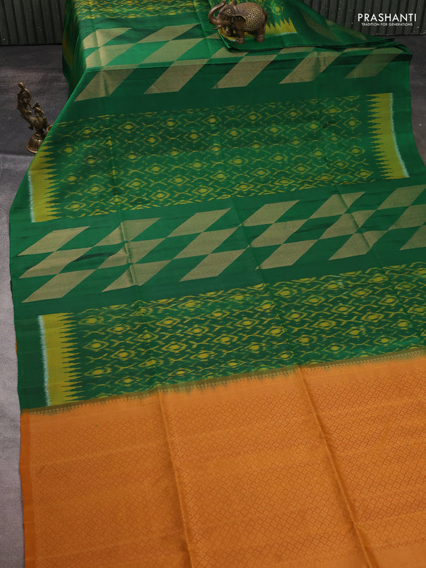 Ikat soft silk saree green and dark mustard with allover ikat weaves & zari woven buttas and simple border