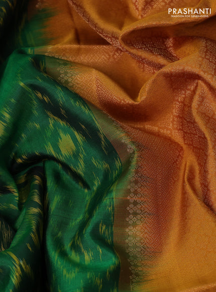 Ikat soft silk saree green and dark mustard with allover ikat weaves & zari woven buttas and simple border