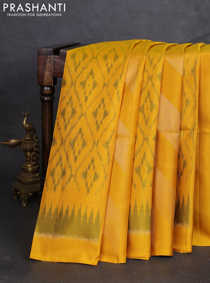 Ikat soft silk saree mustard yellow and black with allover ikat weaves & zari woven buttas and simple border