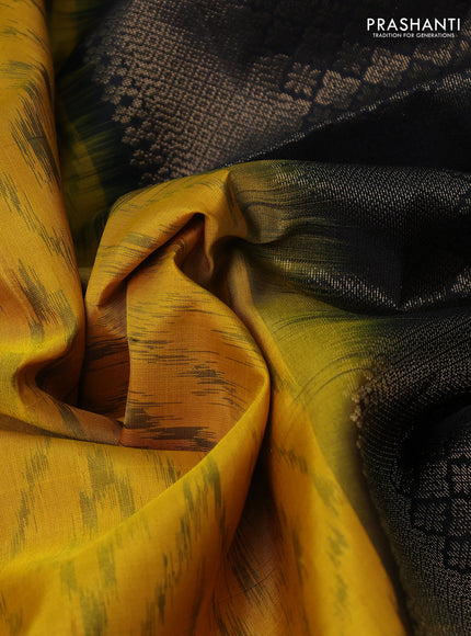 Ikat soft silk saree mustard yellow and black with allover ikat weaves & zari woven buttas and simple border