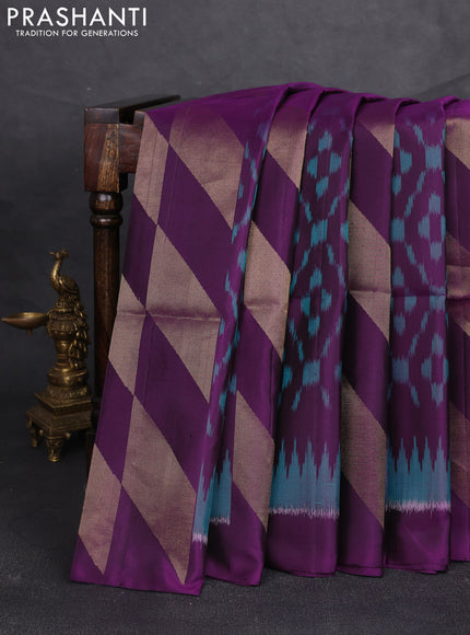 Ikat soft silk saree deep purple and cs blue with allover ikat weaves & zari woven buttas and simple border