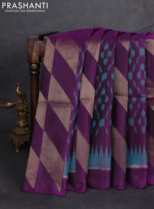 Ikat soft silk saree deep purple and cs blue with allover ikat weaves & zari woven buttas and simple border