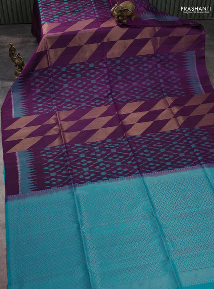 Ikat soft silk saree deep purple and cs blue with allover ikat weaves & zari woven buttas and simple border