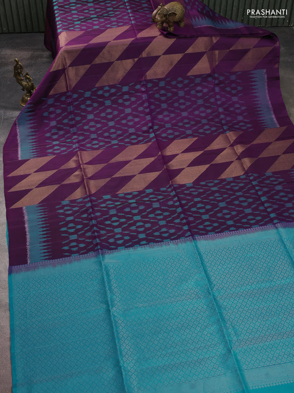 Ikat soft silk saree deep purple and cs blue with allover ikat weaves & zari woven buttas and simple border