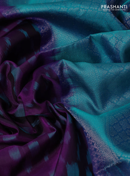 Ikat soft silk saree deep purple and cs blue with allover ikat weaves & zari woven buttas and simple border