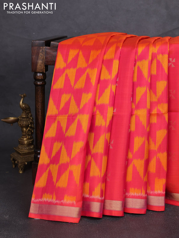Ikat soft silk saree dual shade of pinkish orange and bottle green with allover ikat weaves & zari woven buttas and zari woven border