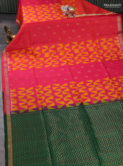 Ikat soft silk saree dual shade of pinkish orange and bottle green with allover ikat weaves & zari woven buttas and zari woven border