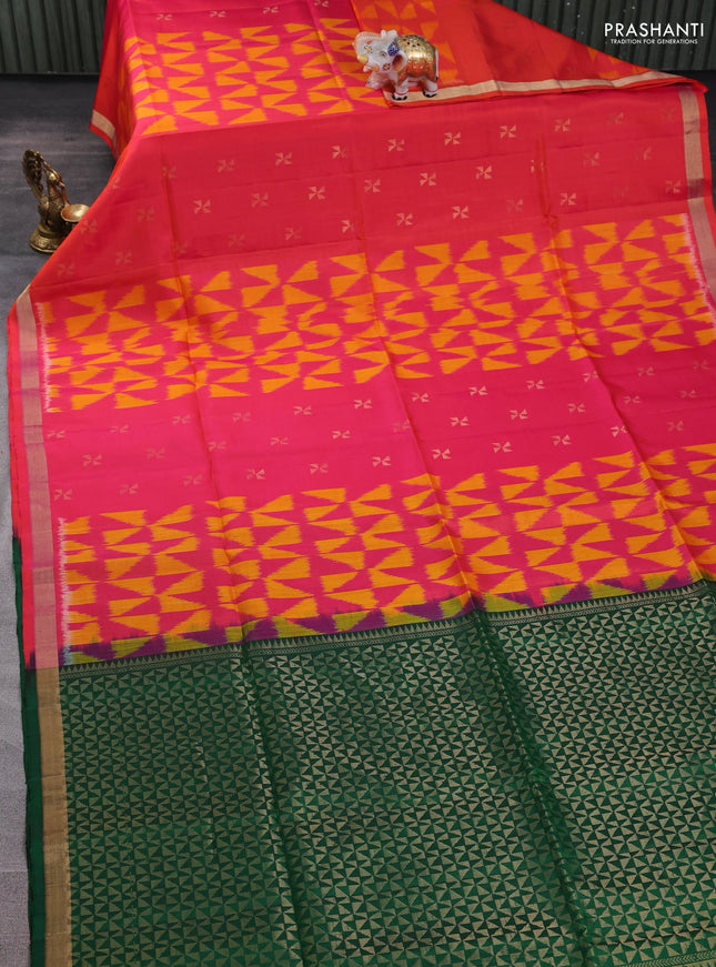 Ikat soft silk saree dual shade of pinkish orange and bottle green with allover ikat weaves & zari woven buttas and zari woven border