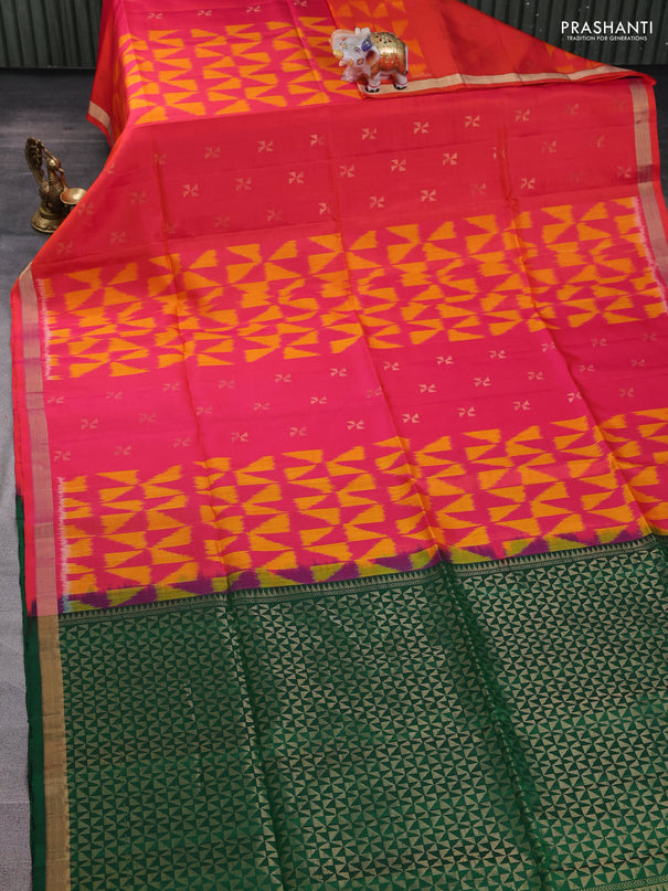 Ikat soft silk saree dual shade of pinkish orange and bottle green with allover ikat weaves & zari woven buttas and zari woven border