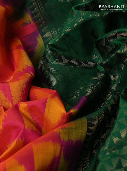 Ikat soft silk saree dual shade of pinkish orange and bottle green with allover ikat weaves & zari woven buttas and zari woven border