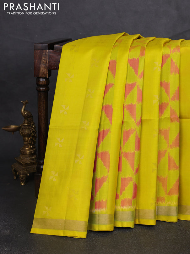 Ikat soft silk saree lime yellow and green with allover ikat weaves & zari woven buttas and zari woven border