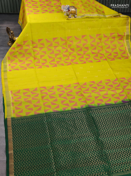 Ikat soft silk saree lime yellow and green with allover ikat weaves & zari woven buttas and zari woven border