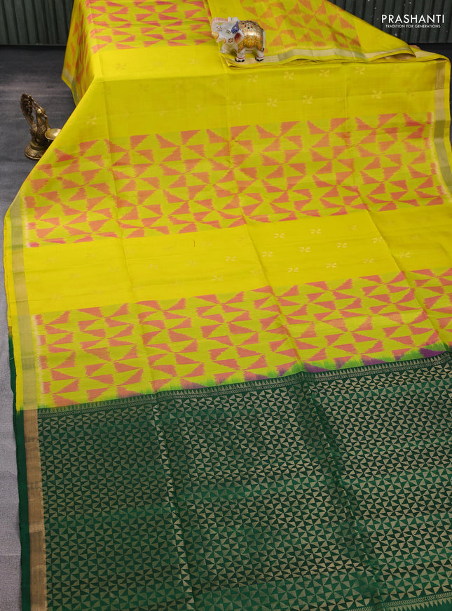 Ikat soft silk saree lime yellow and green with allover ikat weaves & zari woven buttas and zari woven border