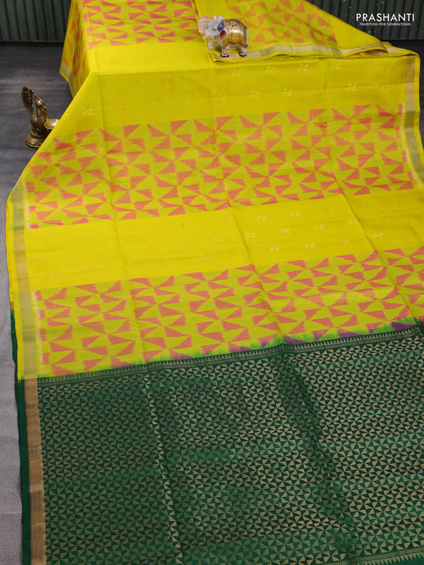 Ikat soft silk saree lime yellow and green with allover ikat weaves & zari woven buttas and zari woven border