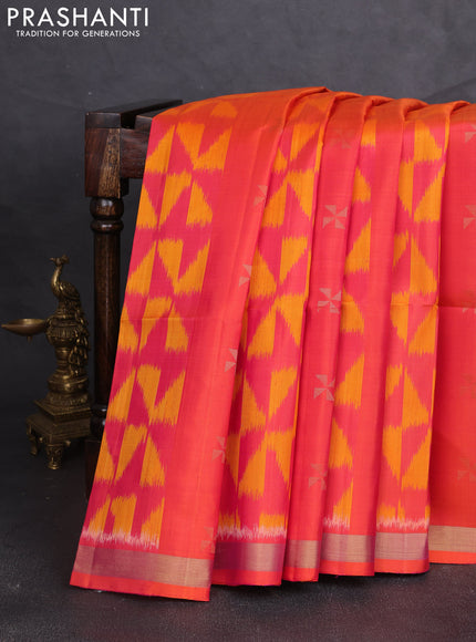 Ikat soft silk saree dual shade of pinkish orange and sandal with allover ikat weaves & zari woven buttas and zari woven border