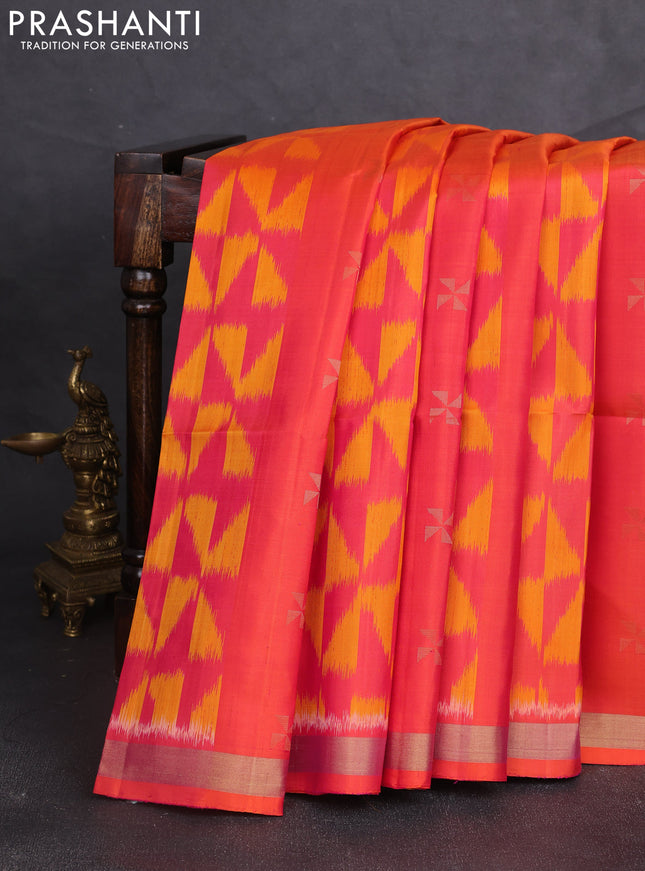 Ikat soft silk saree dual shade of pinkish orange and sandal with allover ikat weaves & zari woven buttas and zari woven border