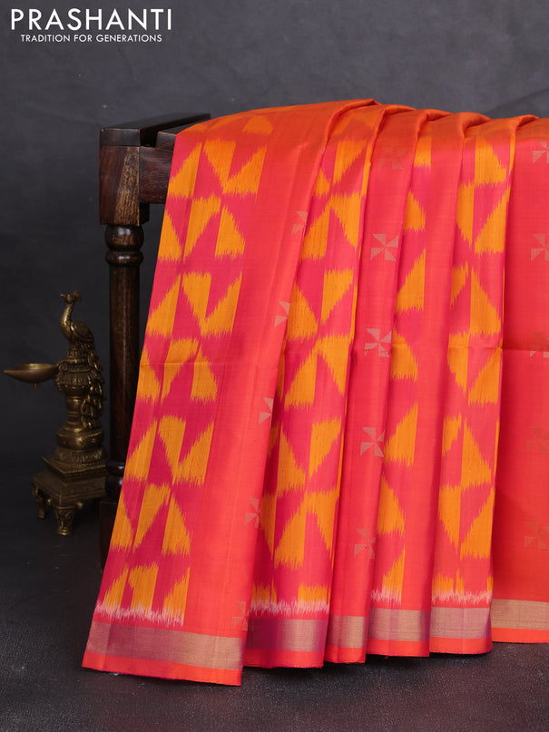 Ikat soft silk saree dual shade of pinkish orange and sandal with allover ikat weaves & zari woven buttas and zari woven border