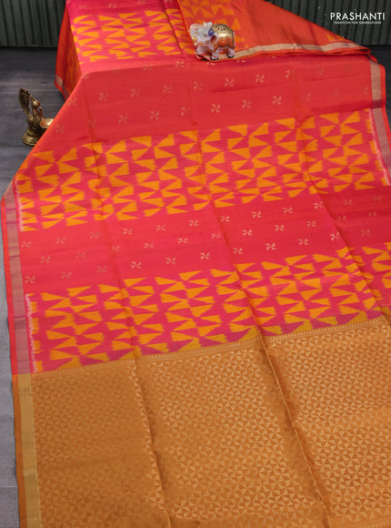 Ikat soft silk saree dual shade of pinkish orange and sandal with allover ikat weaves & zari woven buttas and zari woven border