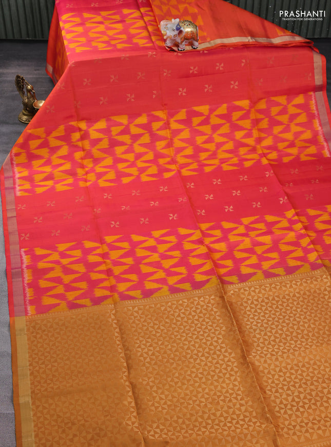Ikat soft silk saree dual shade of pinkish orange and sandal with allover ikat weaves & zari woven buttas and zari woven border