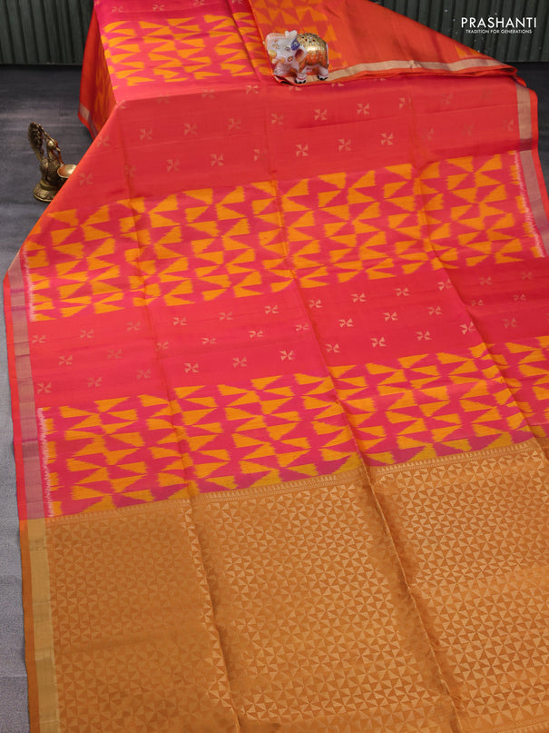 Ikat soft silk saree dual shade of pinkish orange and sandal with allover ikat weaves & zari woven buttas and zari woven border