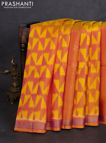 Ikat soft silk saree dual shade of yellowish pink and green with allover ikat weaves & zari woven buttas and zari woven border