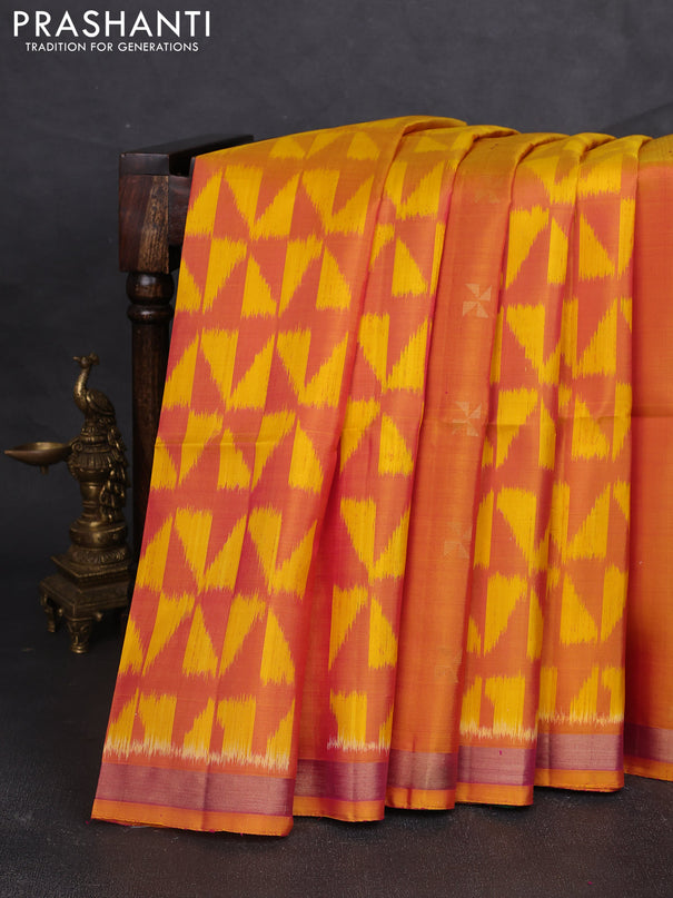 Ikat soft silk saree dual shade of yellowish pink and green with allover ikat weaves & zari woven buttas and zari woven border