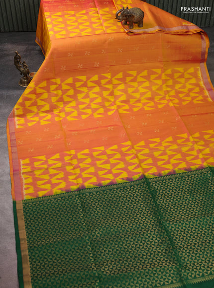 Ikat soft silk saree dual shade of yellowish pink and green with allover ikat weaves & zari woven buttas and zari woven border