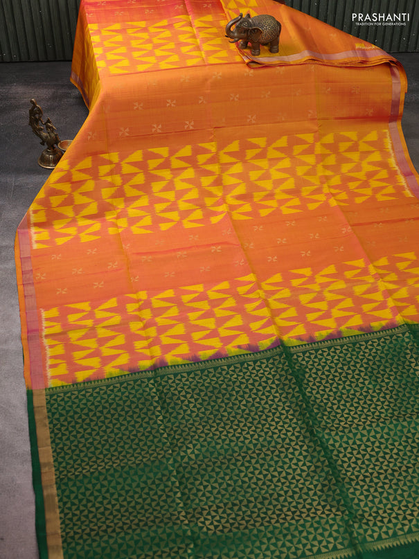 Ikat soft silk saree dual shade of yellowish pink and green with allover ikat weaves & zari woven buttas and zari woven border