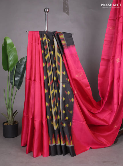 Ikat soft silk partly saree dark pink and black with ikat weaves& zari woven buttas and simple border