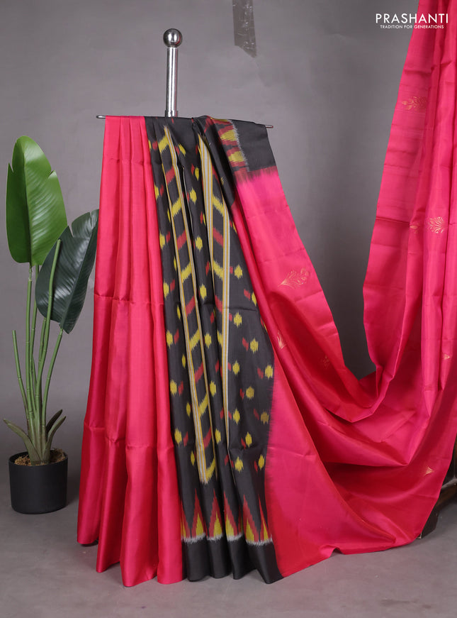 Ikat soft silk partly saree dark pink and black with ikat weaves& zari woven buttas and simple border