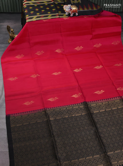 Ikat soft silk partly saree dark pink and black with ikat weaves& zari woven buttas and simple border