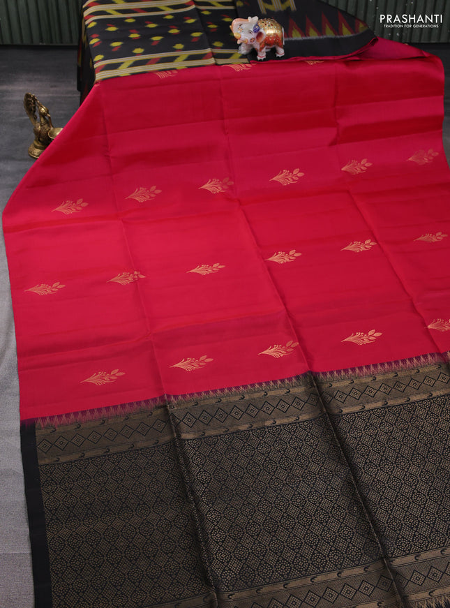 Ikat soft silk partly saree dark pink and black with ikat weaves& zari woven buttas and simple border