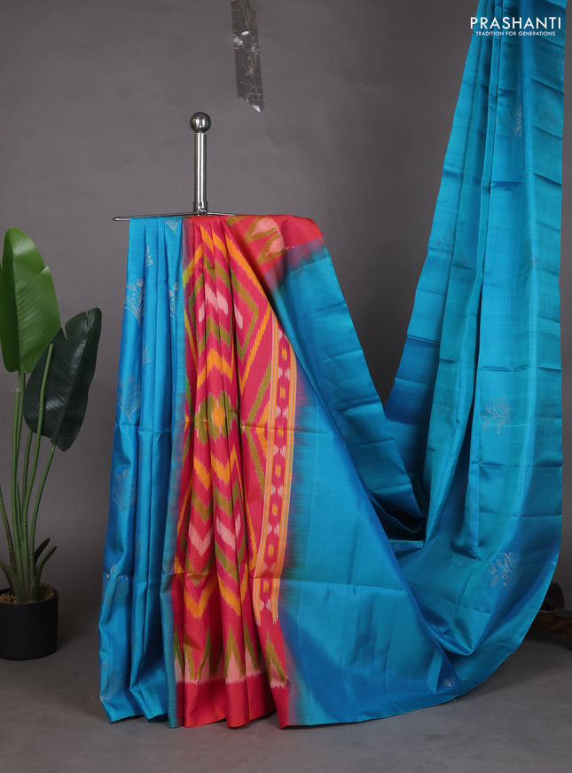Ikat soft silk partly saree cs blue and pinkish orange with ikat weaves& zari woven buttas and simple border