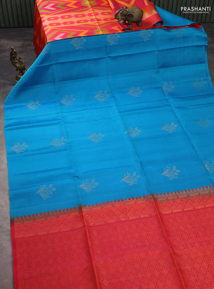 Ikat soft silk partly saree cs blue and pinkish orange with ikat weaves& zari woven buttas and simple border