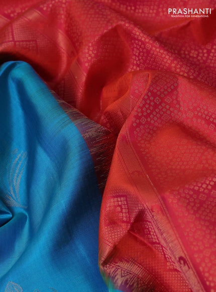 Ikat soft silk partly saree cs blue and pinkish orange with ikat weaves& zari woven buttas and simple border