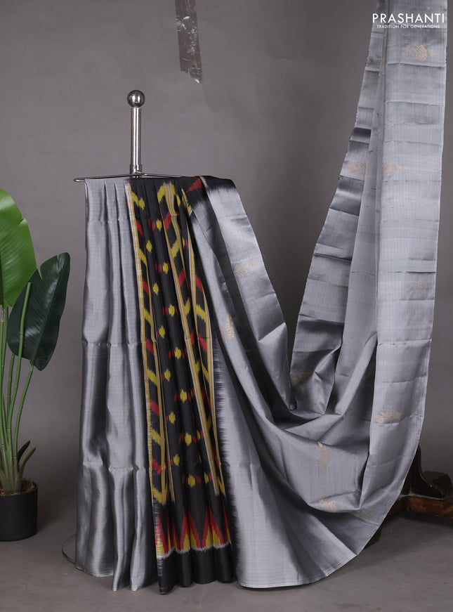 Ikat soft silk partly saree grey and black with ikat weaves& zari woven buttas and simple border