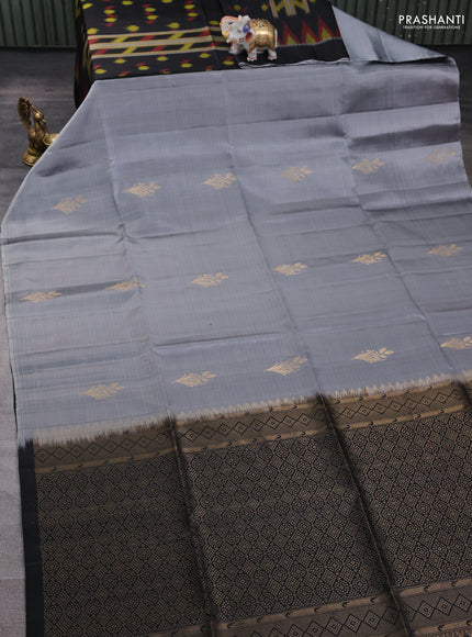 Ikat soft silk partly saree grey and black with ikat weaves& zari woven buttas and simple border