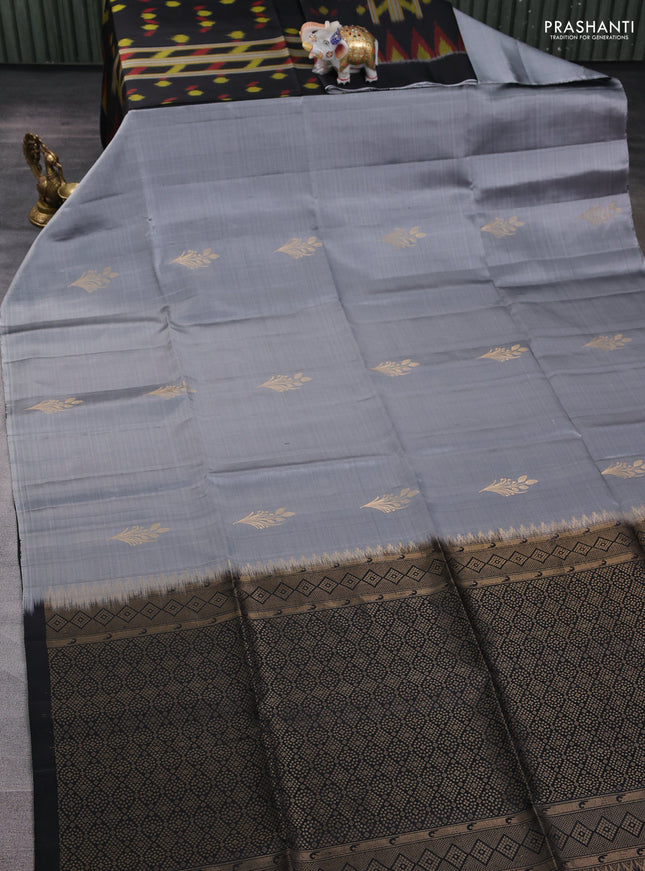 Ikat soft silk partly saree grey and black with ikat weaves& zari woven buttas and simple border