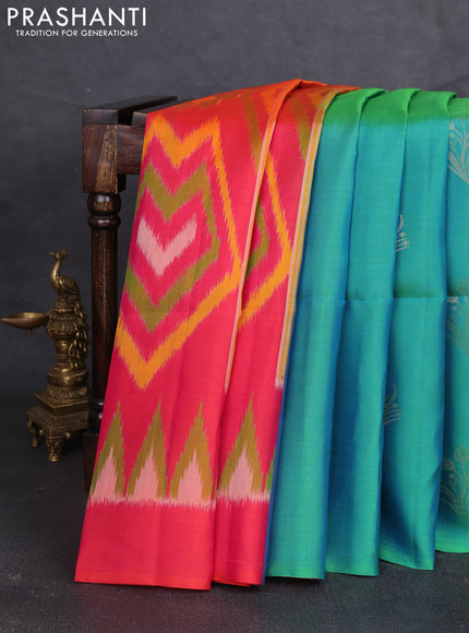 Ikat soft silk partly saree teal green and dual shade of pinkish orange with ikat weaves& zari woven buttas and simple border