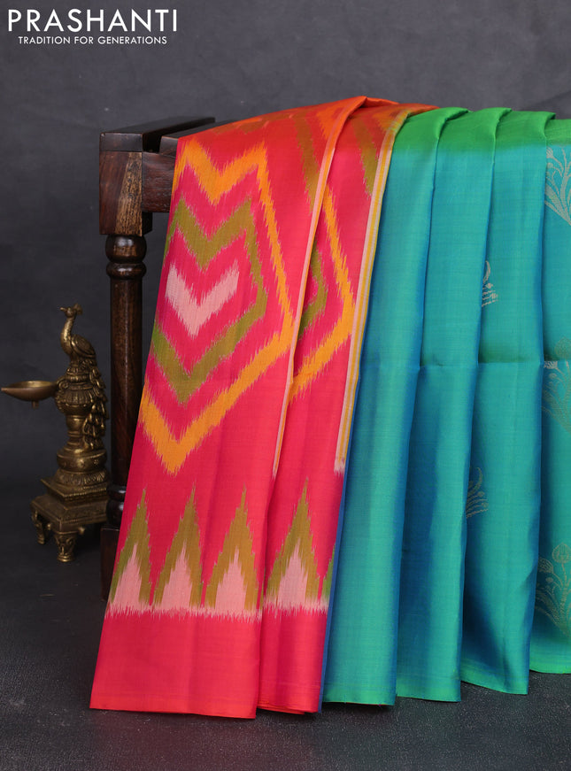 Ikat soft silk partly saree teal green and dual shade of pinkish orange with ikat weaves& zari woven buttas and simple border