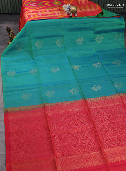 Ikat soft silk partly saree teal green and dual shade of pinkish orange with ikat weaves& zari woven buttas and simple border