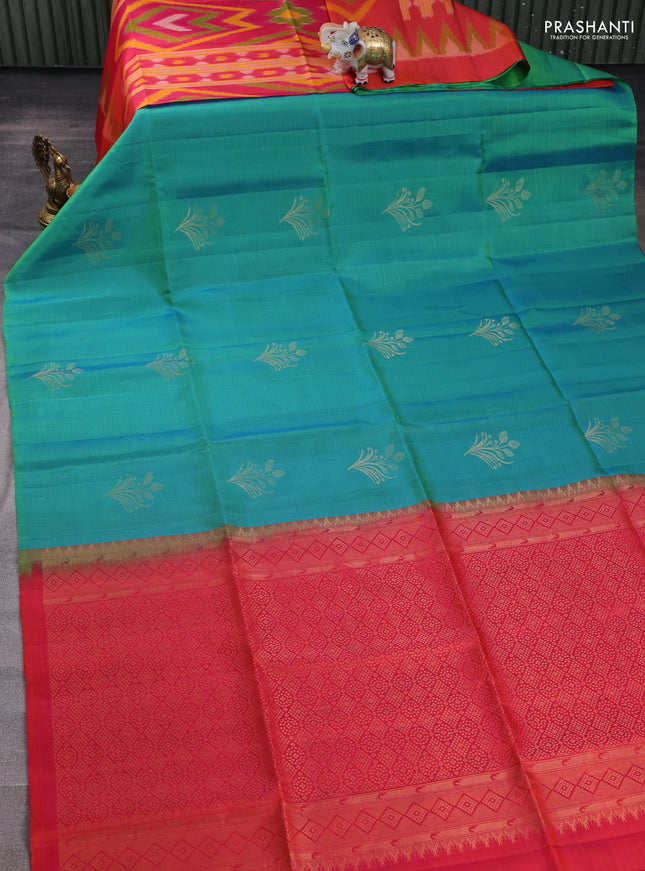 Ikat soft silk partly saree teal green and dual shade of pinkish orange with ikat weaves& zari woven buttas and simple border