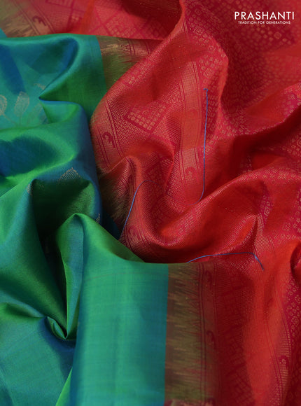 Ikat soft silk partly saree teal green and dual shade of pinkish orange with ikat weaves& zari woven buttas and simple border